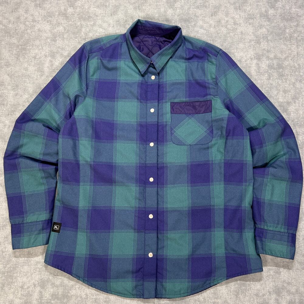 Flylow 0760 Reversible Insulated Flannel Jacket Mens L Blue Green Plaid Quilted